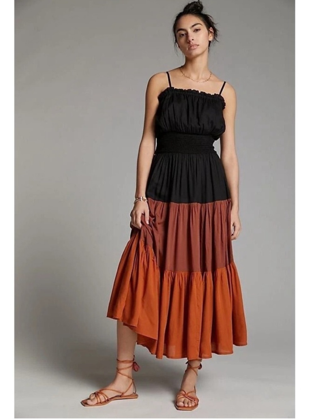 Seen Worn Kept Anthropologie tiered black & orange sleeveless maxi dress
